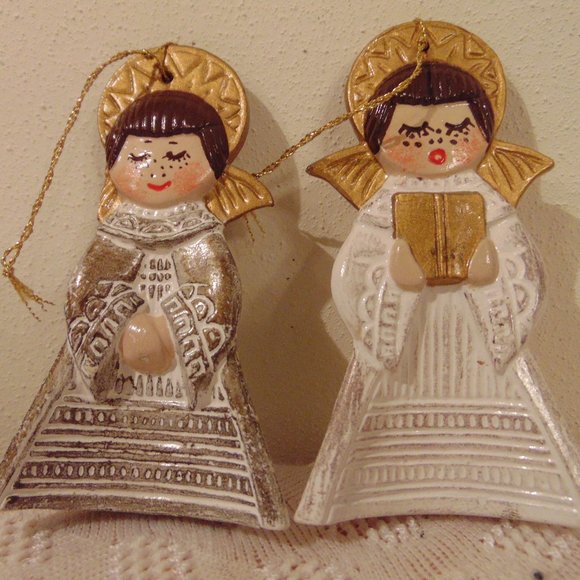 Vintage Hand Painted Ceramic Angels, Christmas Tree Ornaments, 3.63 inches tall - Picture 1 of 4
